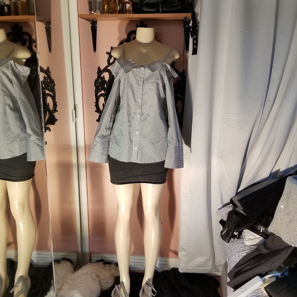 Grey/white off shoulder button up blouse